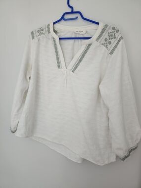 Indi & Cold Peasant Top | Large | White & Sage Green | Embroidered Cotton